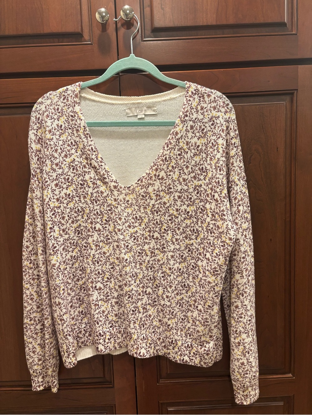 LOFT Cream Knit Sweater with Subtle Mauve Trim